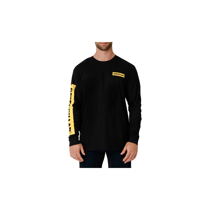 Men's Caterpillar Icon Block Long Sleeve T-Shirts Black/Yellow Ireland GMOB17089